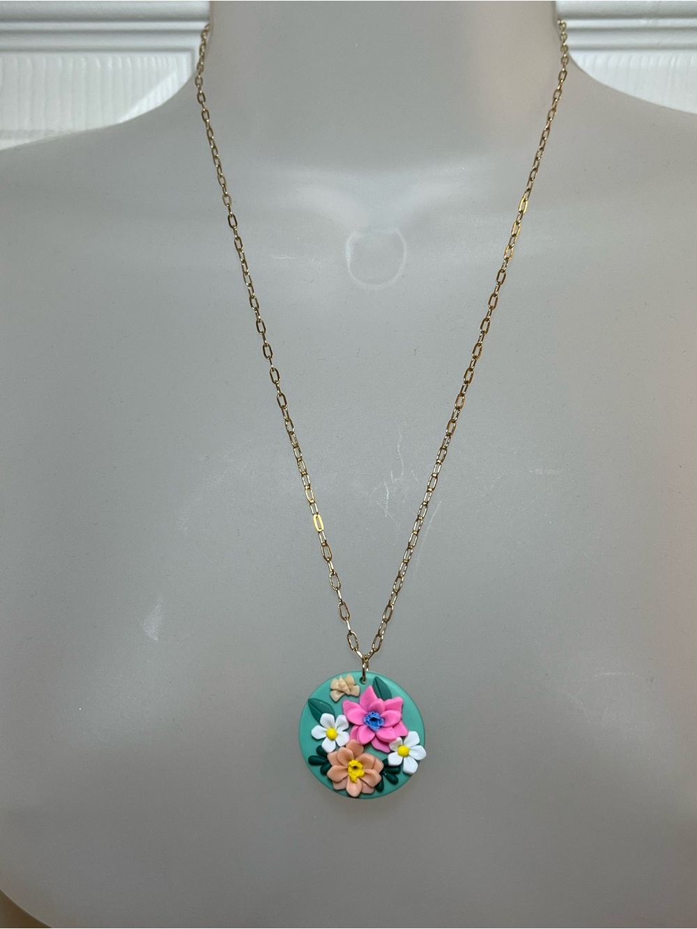Handcrafted Teal Floral Pendant Necklace with Gold Chain